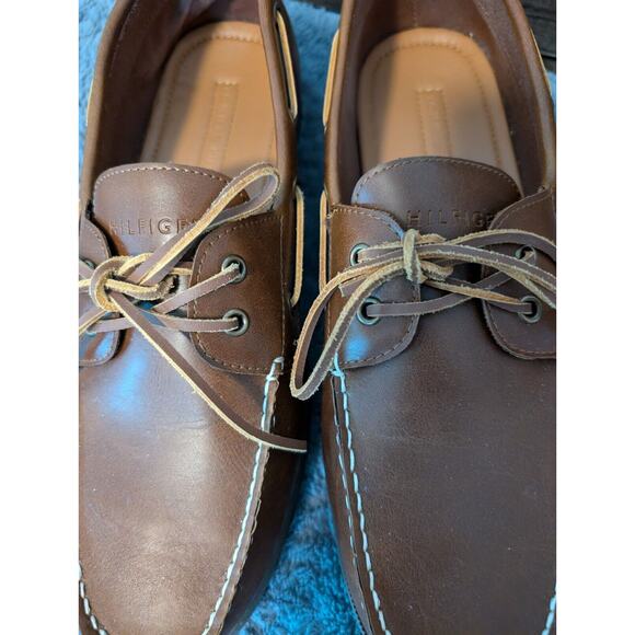 Men's Tommy Hilfiger Tan Brown Leather Loafers Boat Shoes Size US 12 EUC - Picture 2 of 10